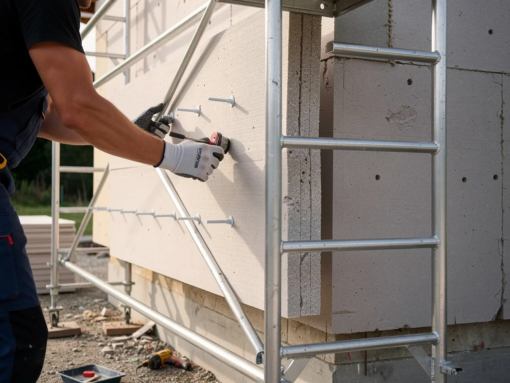 Chevillage des panneaux isolants sur un mur avec échafaudage
